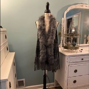 Creation, Sweater Vest, Long with Fringe, Faux Fur. Black and Gray Plaid OS